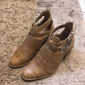 Qupid Tan Strappy Western Booties, Size 7.5